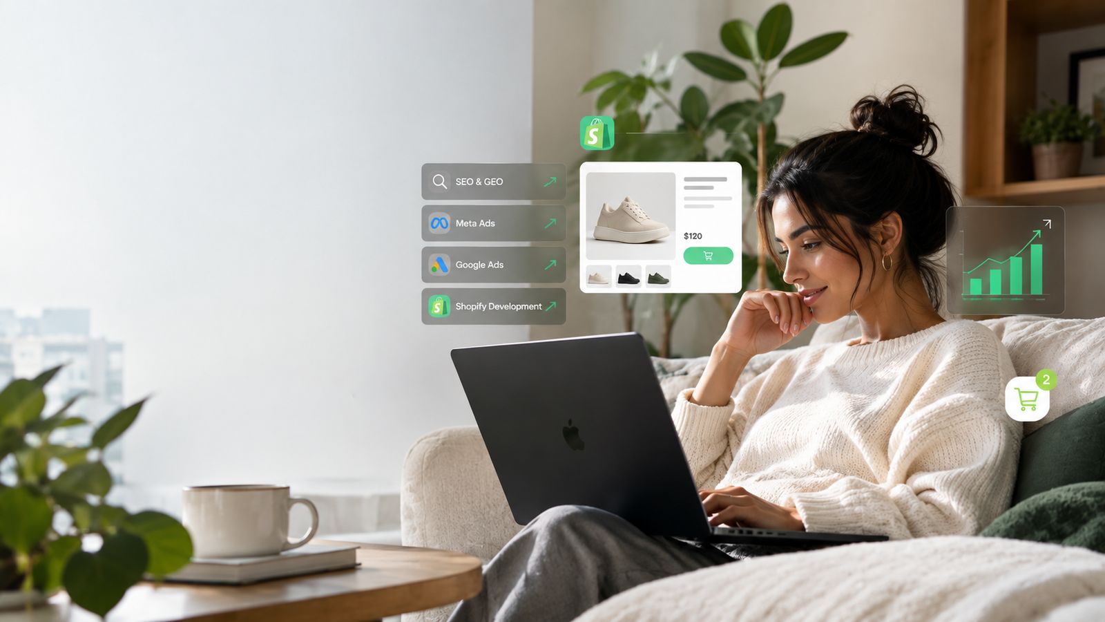 Une cliente parcourt une boutique Shopify sur son ordinateur portable, entourée des leviers activés par EcomWhy : SEO, Meta Ads, Google Ads et développement Shopify.